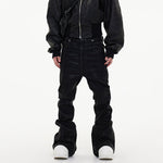 Dark Waxed Coated Ribbon Slightly Flared Mopping Stacked Denim Trousers