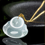 Buddha Stones Laughing Buddha Natural Jade Abundance Titanium Steel Chain Necklace Pendant