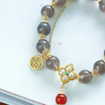 Buddha Stones Natural Gray Agate Fu Character Pearl Tassel Balance Bracelet