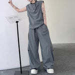 Solid Color Collar Contrasting Vest Casual Wide-leg Trousers Two-piece Suit