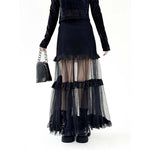 French Denim Patchwork Mesh Skirt