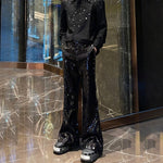 Heavy Sequined PU Metal Rivet Flared Pants