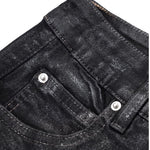 Dark Waxed Coated Ribbon Slightly Flared Mopping Stacked Denim Trousers