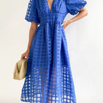 Zeagoo Women's Deep V Neck Short Puff Sleeve Plaid Midi Dress Elegant Button Front Beach Flowy Dress