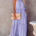 Zeagoo Women's Boho Long Solid Color Loose Sleeveless Halter Neck Ruffle Maxi Dresses