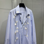Three-dimensional Flower Loose Blue Striped Shirt