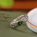 Buddha Stones 925 Sterling Silver Red Agate Cyan Jade Gourd Blessing Auspicious Ring