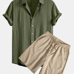 Crinkled Textured Button Up Shirt & Crinkled Textured Drawstring Shorts