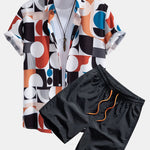 Color Block Geometry Print Button Up Shirt & Drawstring Swim Shorts