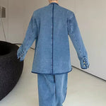 Vintage Distressed Washed Denim Jacket and Wide-leg Pants Two-piece Set