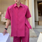 Slit Buttoned Shoulder Pad Shirt Wide Leg Trousers Two-Piece Set