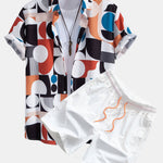 Color Block Geometry Print Button Up Shirt & Drawstring Swim Shorts
