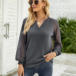 Zeagoo V Neck Tops Solid Color Blouse Long Sleeve Pullover Lace Patchwork Shirt