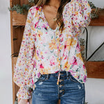 Zeagoo Long Sleeve Boho Drawstring Floral Print V Neck Shirt Buttoned Blouse Casual Tunic Tops