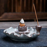 Buddha Stones Lotus Plum Blossom Square Ceramic Spiritual Backflow Incense Burner