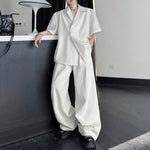 Lapel Shoulder Pad Casual Short Sleeve Shirt Wide Leg Trousers Two-piece Set