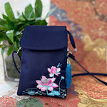 Buddha Stones Waterproof Handmade Embroidered Lotus Flowers Crossbody Bag Shoulder Bag Cellphone Bag