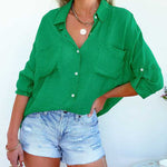 Zeagoo Solid Color V Neck Long Sleeve Button Down Blouse with Pockets