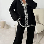Zeagoo Women's Casual Two-pieces Outfits Contrast Trim Knitted Cardigan and Trousers Pants Sets