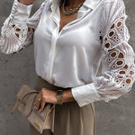 Zeagoo Elegant Lace V-NeckShirt Solid Color Hollow Out Long Sleeve Patchwork Blouse