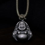 Buddha Stones Natural Silver Sheen Obsidian Laughing Buddha Protection Necklace Pendant