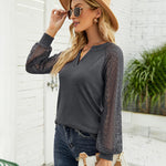 Zeagoo V Neck Tops Solid Color Blouse Long Sleeve Pullover Lace Patchwork Shirt