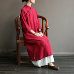 Buddha Stones Flower Jacquard Midi Dress Long Sleeve Cotton Linen Dress Wide Leg Pants With Pockets