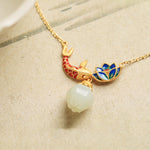 Buddha Stones White Jade Koi Fish Lotus Copper Protection Necklace Pendant
