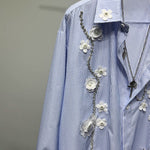 Three-dimensional Flower Loose Blue Striped Shirt