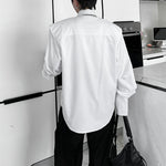 Tie-decorated Button-down Shoulder-padded Solid Color Shirt
