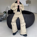 American Double-layered Collar Patchwork Jacket and Wide-leg Trousers Two-piece Set