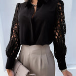 Zeagoo Elegant Lace V-NeckShirt Solid Color Hollow Out Long Sleeve Patchwork Blouse