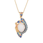 Buddha Stones White Jade Peacock Copper Blessing Necklace Pendant