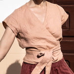 Zeagoo V-neck Slanted Breast Cotton and Linen Tie Waist Short Top