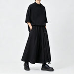 Japanese Loose Half Sleeve T-shirt High-waist Patchwork Wide-leg Skirt-pants Two-piece Set
