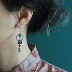 Buddha Stones 925 Sterling Silver Hook Vintage Copper Plated Silver Turquoise Waterdrop Pattern Balance Drop Dangle Earrings