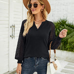 Zeagoo V Neck Tops Solid Color Blouse Long Sleeve Pullover Lace Patchwork Shirt