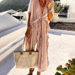 Zeagoo Women's Boho Solid Color V Neck Short Sleeve Jumpsuits Ruffled Summer Beach Maxi Dress
