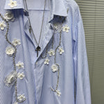 Three-dimensional Flower Loose Blue Striped Shirt