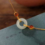 Buddha Stones 925 Sterling Silver Plated Gold Natural Hetian Jade Peace Buckle Red Agate Luck Bracelet