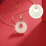 Buddha Stones 925 Sterling Silver Hetian White Jade Coin Flower Peace Buckle Luck Necklace Pendant