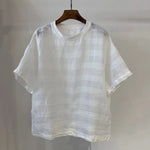 Japanese Striped Linen Loose Round Neck T-shirt