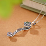 Buddha Stones 925 Sterling Silver Red Agate Cyan Jade Auspicious Clouds Ruyi Handle Blessing Necklace Pendant