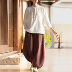 Linen Stand Collar Colorblock Buttoned Pullover Shirt