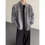 Hand-sewn Pearl Embellished Zip-up Cardigan