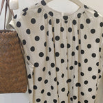 Round Neck Polka Dot Slit Mid-length Top Women's Cotton Linen Shirt