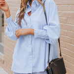 Zeagoo Stripe Button-Down Long Sleeve Shirt Contrast Business Casual Top Loose Blouse