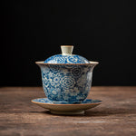 Buddha Stones Vintage Blue And White Porcelain Peach Blossom Lotus Peony Ceramic Gaiwan Sancai Teacup Kung Fu Tea Cup And Saucer With Lid