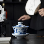 Buddha Stones Blue And White Porcelain Lotus Koi Fish Lion Dance Watermelon Ceramic Gaiwan Sancai Teacup Kung Fu Tea Cup And Saucer With Lid 300ml