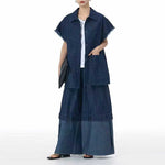 Square Neck Raw Edge Denim Vest Patchwork Jeans Two-Piece Set